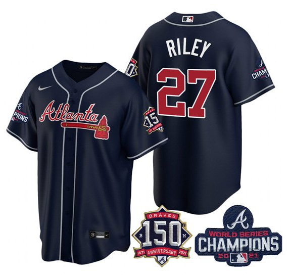 Women's Atlanta Braves #27 Austin Riley 2021 Navy World Series Champions With 150th Anniversary Patch Cool Base Stitched Jersey(Run Small)